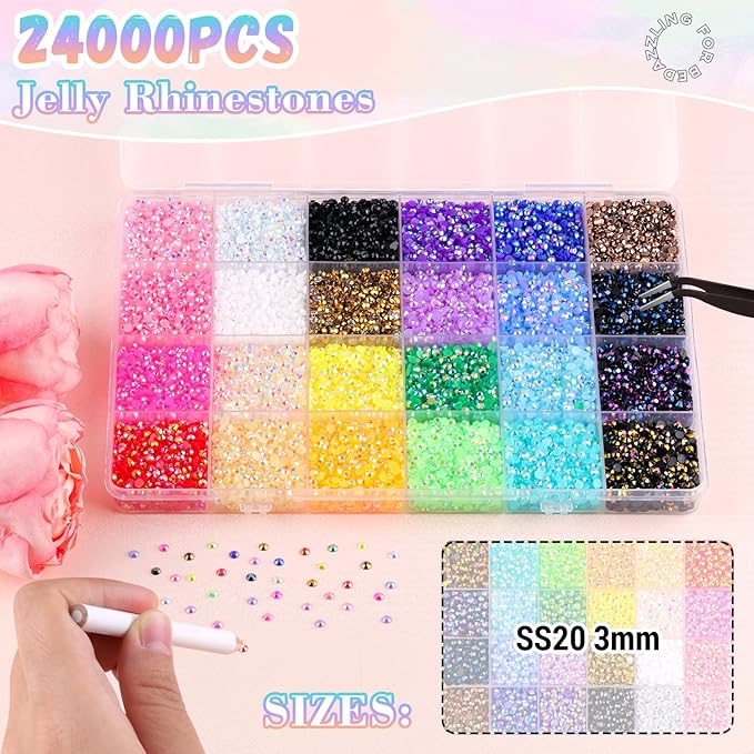 24000Pcs Resin Rhinestones for Bedazzling with B7000 Jewelry Glue, Colorful 3mm Non Hotfix Flatback Gems, Rhinestones for Crafting DIY Crafts Clothing Tumblers Mugs Shoes Fabric Decor Nail Art