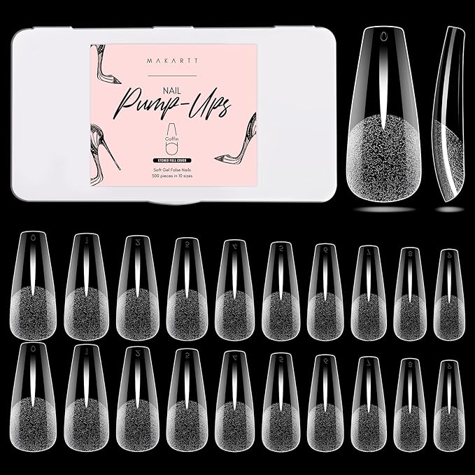Makartt Coffin False Nail Tips: 500pcs Long Pre-buffed Full Cover Clear Press on Acrylic Nails Extension 10 Sizes No Crease Soak Off Soft Gel Fake Tip with Box Home DIY