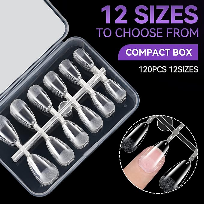Gelike ec Short Almond False Nail Tip Kit, Soft Gel Full Cover Press on Nail Tips, Clear Gelly Tips Pre-Buff PMMA,12 Sizes- 120PCS