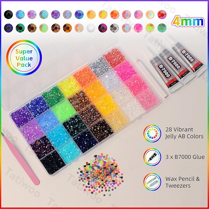 20000Pcs Color Resin Jelly Rhinestones for Bedazzling, 4mm Pink Blue Red White Colored Flatback Gems for Crafting, Jewels Bedazzling Kit for Clothing Shoes Bottle Diamond Nail Art Face DIY