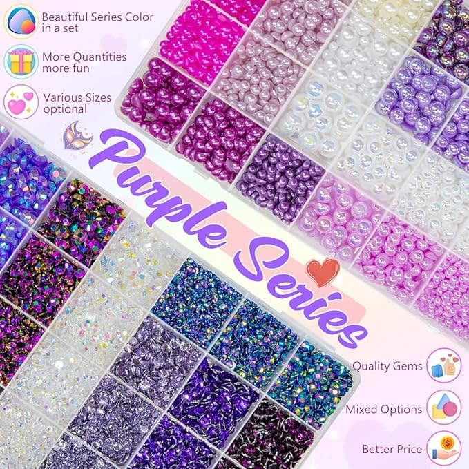 qiiipi 2 Big Boxes Purple Resin Pearls and Rhinestones w B7000 Glue for Bedazzling Crafting Flatback Stones Gems Diamonds Half Pearls Bedazzler Kit for Nails Eyes Face Makeup Tumblers Bottles Crafts