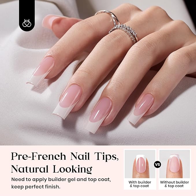 Beetles French Tip Press on Nails Long Square Salon Quality, White French Pink Gel Nail Tips 15 Sizes, Etch X Pre-Primer No Need to File Tips Soak Off Acrylic Nails Extensions DIY Nail Art for Women