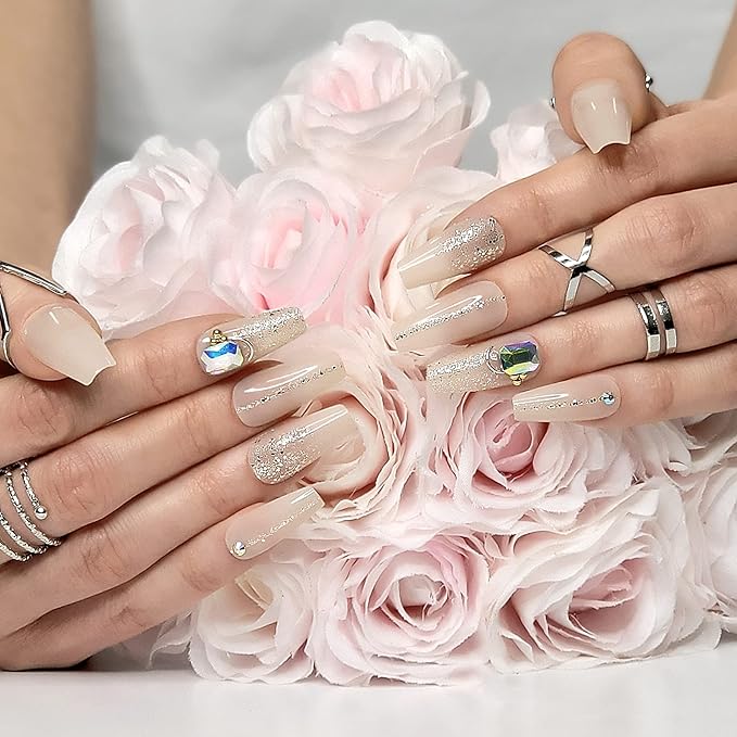 Hypnaughty 24 Pcs Jewels Rhinestone and Ombre Glitter Nude Luxury Coffin Bling Press on Nails with Design and Glue Medium Long Nude False Nails with Gems (Jewels)