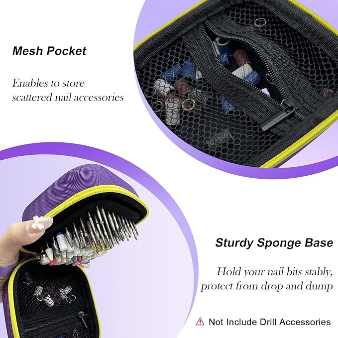 81 Holes Nail Drill Bit Holder, Nail Bits Display Container, Dustproof Portable Organizer Storage Bag, Efile Nail Bits Professional Manicure Tools, for Manicure Tools (ONLY CASE) (Purple+Yellow)