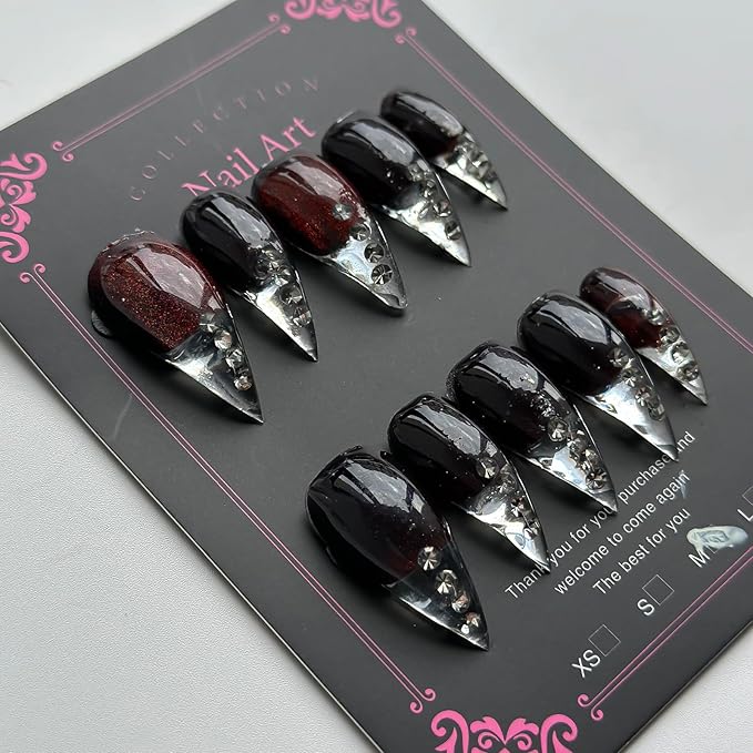 Halloween Press on Nails Luxury Medium Stiletto Handmade Eagle Claw Reusable ABS Material Curved Fake Nails Glitter Spider Rhinestones Design Cat Claw Glossy Glue on Nail Thick Acrylic Nails(S)