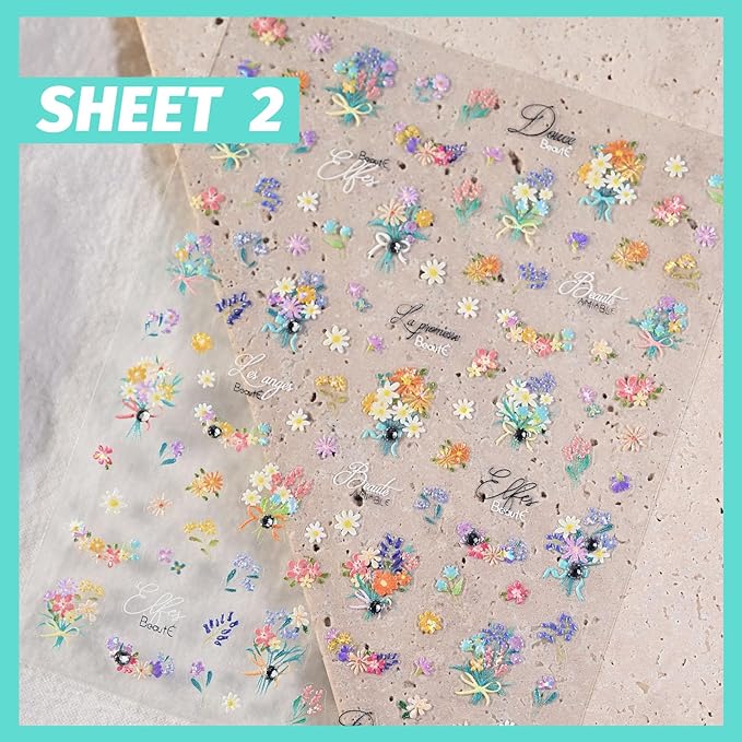 Spring Bouquet Nail Art Stickers, Flower Floral Rhinestone Spring Summer Nail Decals Design, Self-Adhesive, Nail Accessories & Supplies 3 Sheets