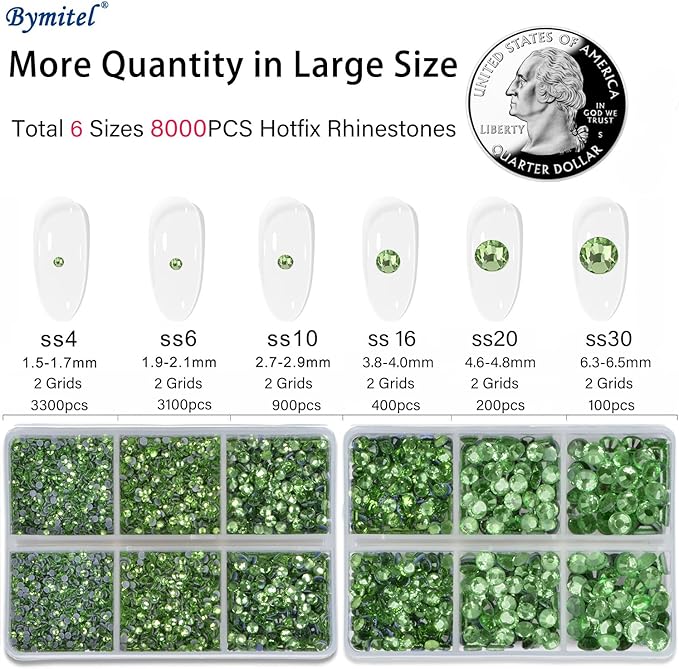 Bymitel Hotfix Crystal Rhinestones Round Gems for Crafts,Mixed 6 Sizes with Wax Pencil Kit, Peridot 1.6-6.3mm SS4-SS30/8000pcs