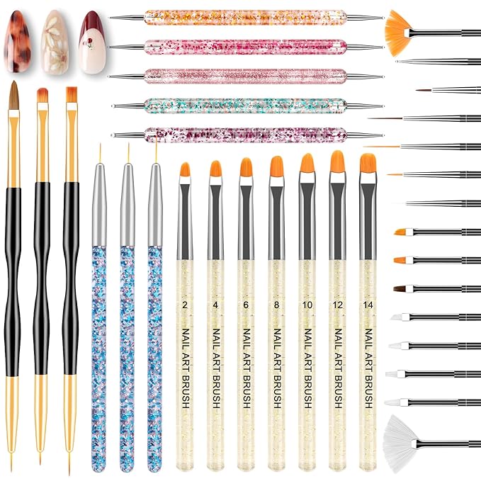 33PCS Nail Art Brushes Set, Nail Art Tools, Nail Design Tools with Gel Nail Brush, French Tip Tool Liner Brushes, Dotting Tools, Builder Gel Brush, Nail Tech Beginners Must Haves Stuff Supplies