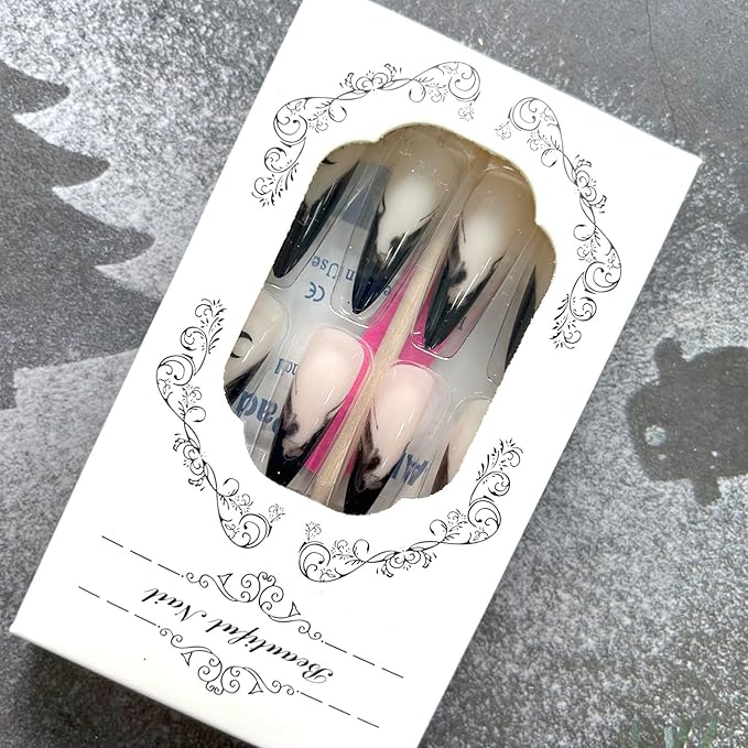 Halloween Nails - Gothic French Reusable Stiletto Press On Nails with Design, Glossy Acrylic Finish - Dark Witch Color, Full Coverage for Women and Girls