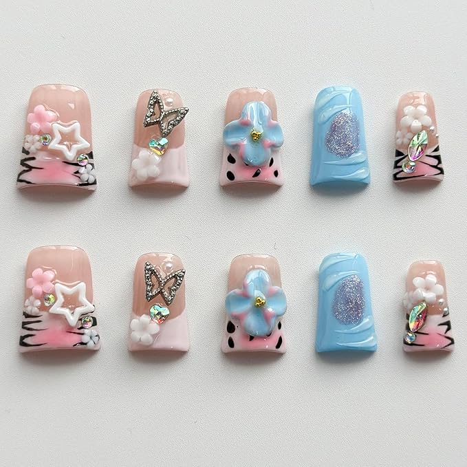Luxury Press on Nails Short Duck Handmade 3D Unique Reusable ABS Material Fake Nails Pink French Tip False Nails with Designs Flower Butterfly Rhinestones Glossy Glue on Nail Thick Acrylic Nail(M)