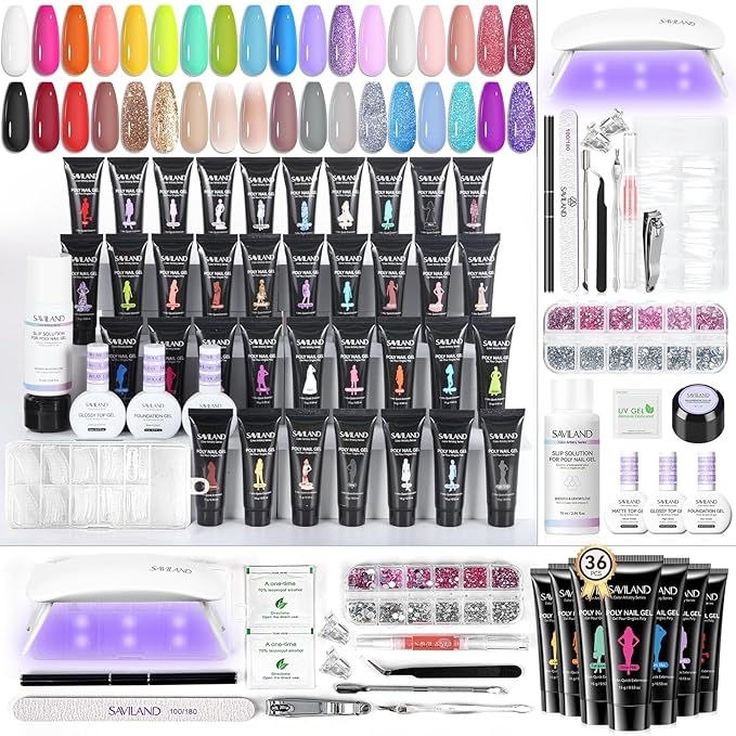 SAVILAND Hema-Free Poly Gel Nail Kit for Pretty Gift: 36 Colors Poly Gel Nail Starter Kit with Slip Solution and Mini U V Lamp Curing Light for Quick Extension Home DIY, Manicure Tools for Starter
