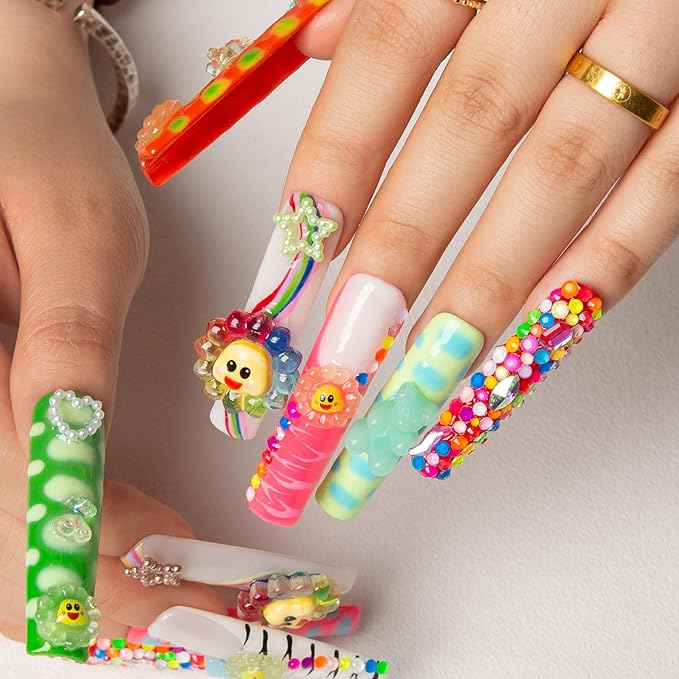 LOVFUL Handmade Press on Nails with Lovkashi Flower Design | Colorful Acrylic Stick On Nails | Reusable Full Cover Nails| Square Long 2.2 in | H65 (M)