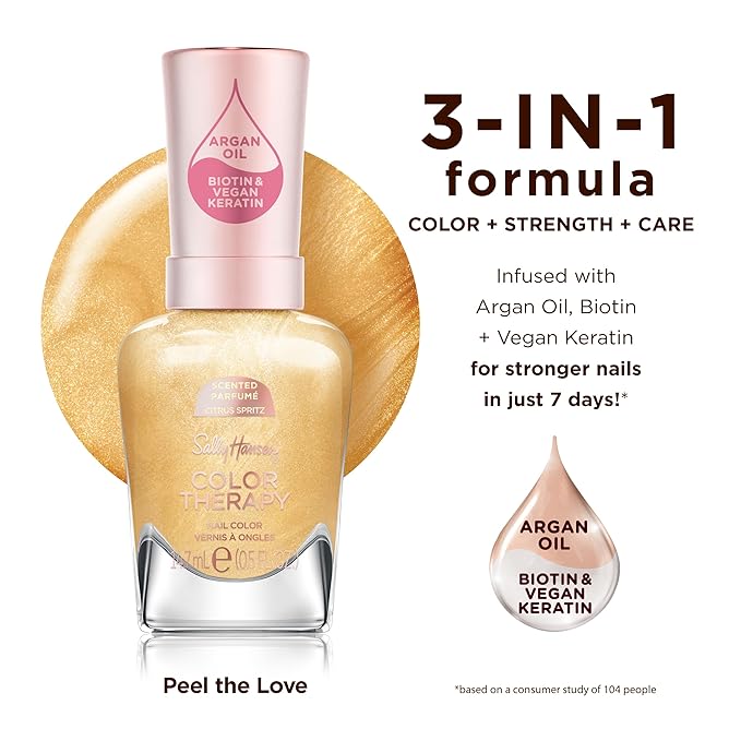 Sally Hansen Color Therapy Scented Nail Polish | Biotin, Argan Oil, Long Lasting, Healthy Nails, Nail Strengthener, Opaque | 462 Peel the Love, Citrus Spritz| Orange Yellow Nail Color