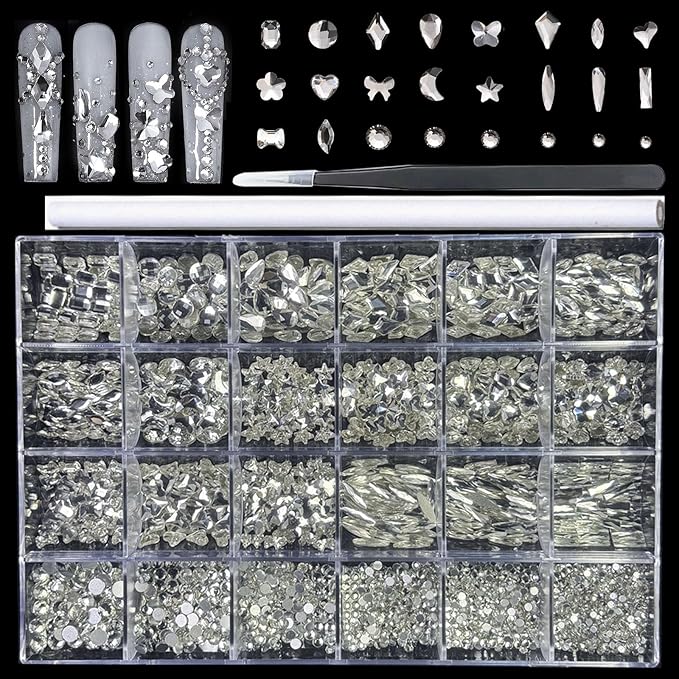 18 Types of 900 Special-Shaped Clear Nail Diamonds + 3200 Flat-Bottomed Nail Rhinestones, Nail Crystal Rhinestones Set with Tweezer + Pickup Pen