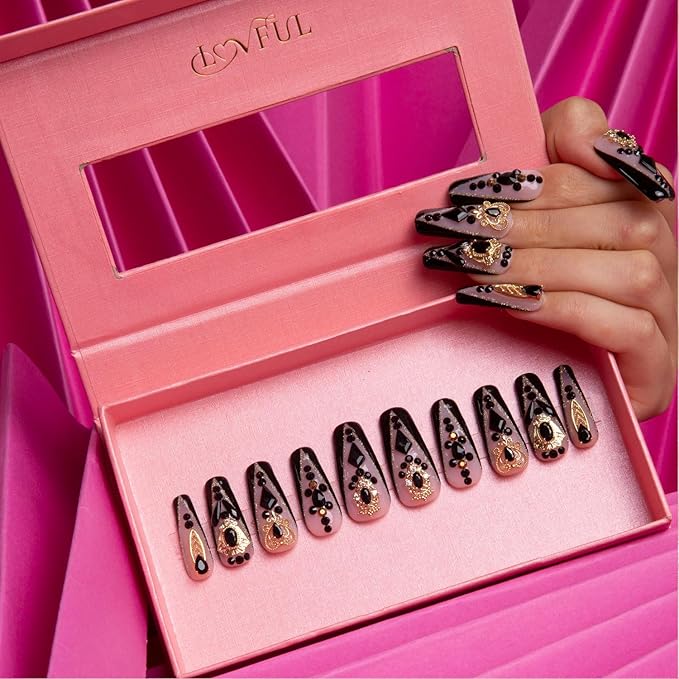 LOVFUL Press on Nails Obsidian Palace Black French Tip | Handmade with Full Covered Crystals | Reusable Full Cover Nails | Coffin Classic Regular 1.3 in | H165-S
