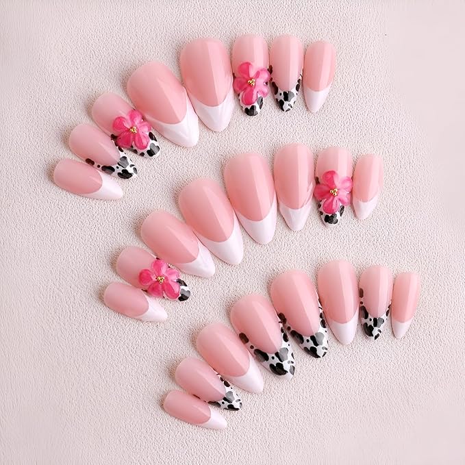 French Tip Press on Nails Medium Almond Fake Nails 3D Flower Nails Press Ons with Rhinestones Design Leopard Print False Nails Glossy Glue on Nail Acrylic Stick on Nail for Women 24Pcs