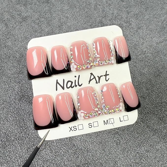 10 Pcs Handmade Press on Nails Short Square 3D Flower & Rhinestone False Nails Design Black French Tip Fake Nail Full Cover Muti-Layer Gel Acrylic Stick on Nail for Women Manicure (Size S)