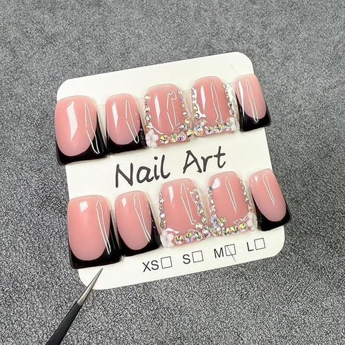 10 Pcs Handmade Press on Nails Short Square 3D Flower & Rhinestone False Nails Design Black French Tip Fake Nail Full Cover Muti-Layer Gel Acrylic Stick on Nail for Women Manicure (Size S)