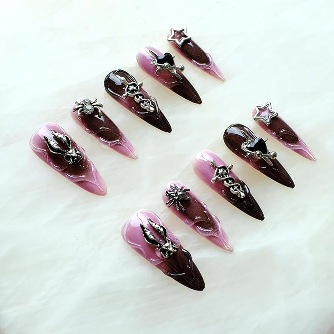 Gothic Press-On Nails, Pink to Black Ombre, Stiletto Shape with 3D Halloween Charms, Handmade False Nail 10 Pieces (Large, LS)