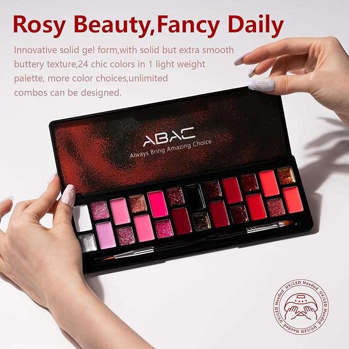 ABAC 24 Color Solid Gel Nail Polish,Ombre Gel Nail Polish,Pat Paint Nail Gel - Rose Gold Glitter & Wine Red Shades w/Pro Brush | No-Spill,Hema-Free for Date Nights,Holiday Gifts & Home Manicure