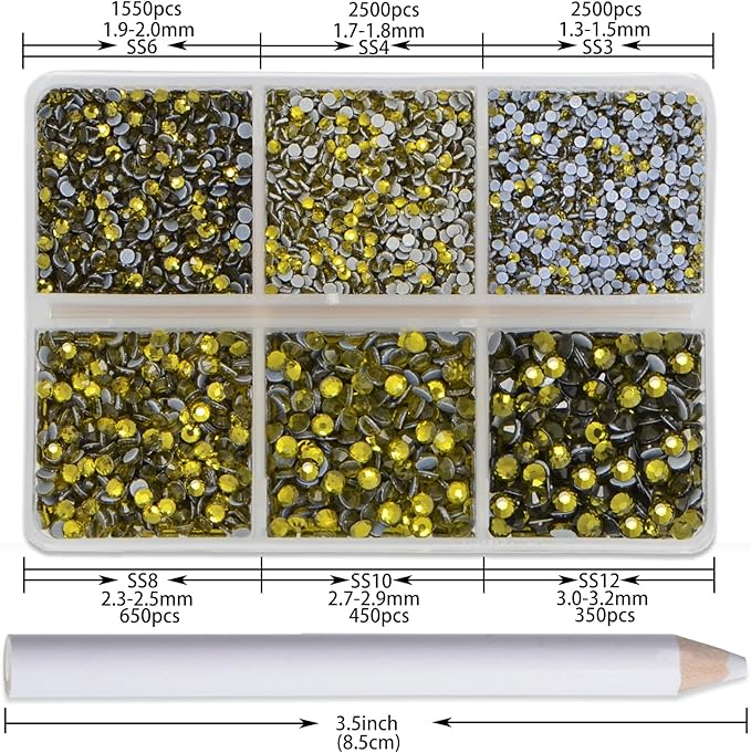 NCB Hotfix Iron on 8000pcs Crystal Rhinestones Round Gem for Crafts Decoration DIY Jewelry Making with a Picking Pen (Olivine, 6Sizes SS3-SS12)