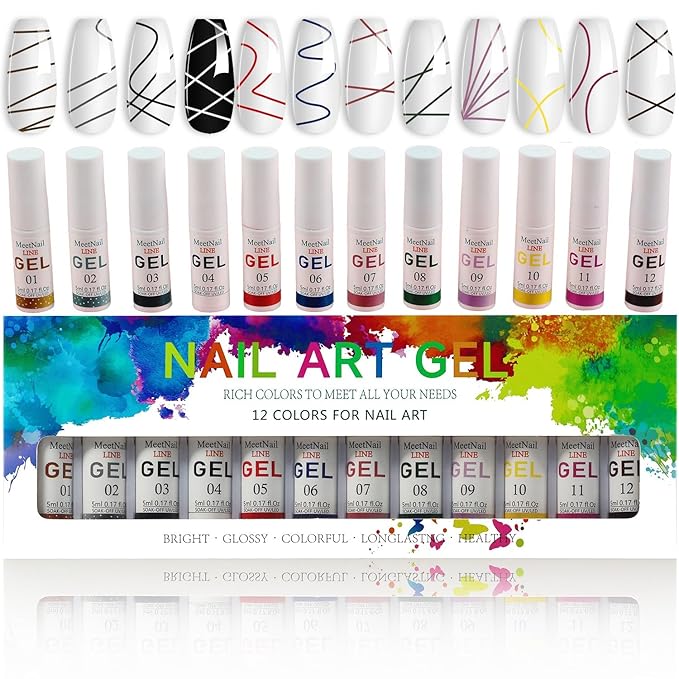 Gel Liner Nail Art Set 12 Colors Gold Black Glitter with Thin Brush Soak Off UV/LED Gel Nail Polish Liner at Home Salon DIY Manicure Gift for Women