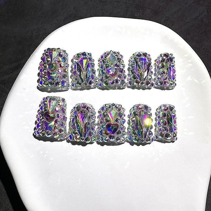 Short Press on Nails Duck Handmade Fake Nails Sparkly Rhinestones Full Cover False Nails with Designs Luxury Reusable Glue on Nail for Women 10Pcs(Size M)