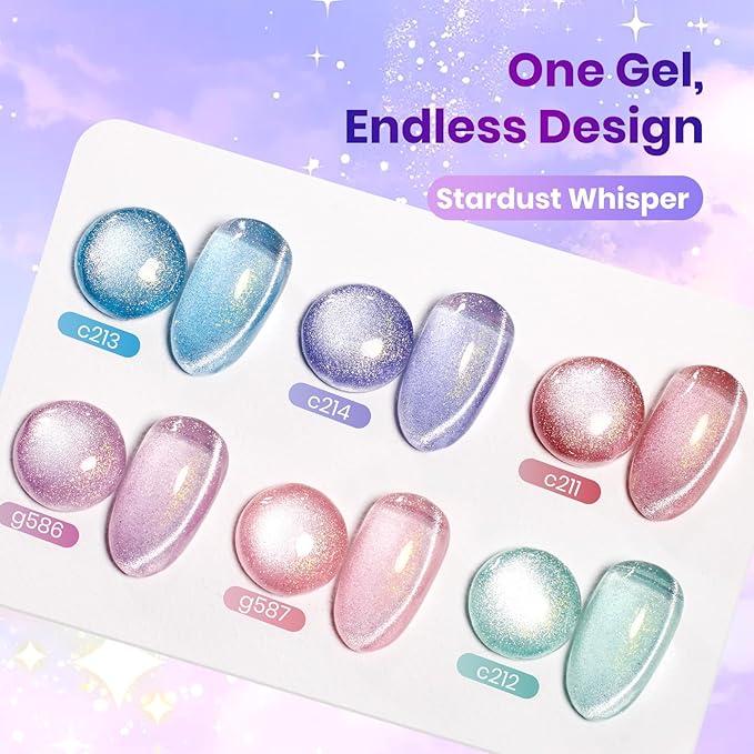Beetles Stardust Whisper Cat Eye Gel Nail Polish Set - 6 Colors Spring Gel Polish Kit Glitter Cat Eye Pink Blue Purple Red Green Velvet Gel Magnet Soak Off UV French Nail Art Manicure Gift for Women