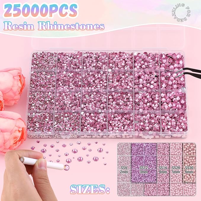 25000Pcs Dark Pink Rhinestones for Bedazzling with B7000 Jewelry Glue, Non Hotfix Flatback Gems, Crystal Resin Rhinestones for Crafting Crafts Clothing Tumblers Mugs Shoes Fabric Decor Nail Art