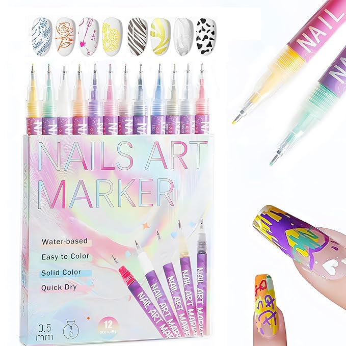 12 Colors Nail Art Pens, 0.5mm Fine Tip Nail Art Makers for DIY Nail Art, Detailing & Decoration, Intricate Line Drawing, Dotting & Nail Art, Salon Home Nail DIY Kit