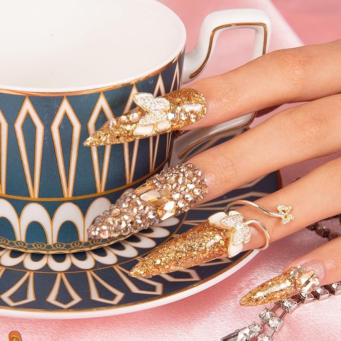 LOVFUL Press on Nails I can Fly French Tip | Handmade with Full Covered Crystals | Reusable Fake Nails | Stiletto Mid Length 1.7 in | H45-M