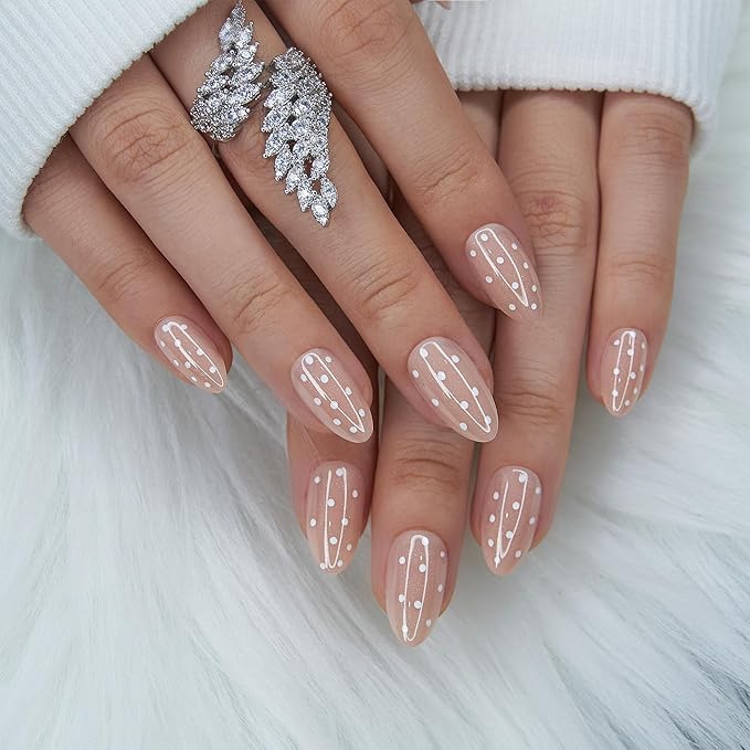 CurvLife Almond Press On Nails Medium – 30Pcs Soft Gel Almond Fake Nails, Dotted Milk Glow Reusable Glue On Nail Kit with Adhesive Tabs, Natural Fit & Salon-Quality for Women & Girls