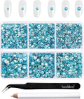 Beadsland 4300pcs Flatback Rhinestones,Blue Rhinestone Nail Gems Round Crystal Rhinestones for Crafts,Mixed 6 Sizes with Picking Tweezers and Wax Pencil Kit, SS6-SS20,Aquamarine