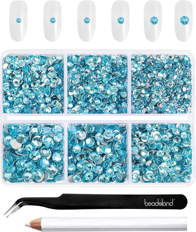Beadsland 4300pcs Flatback Rhinestones,Blue Rhinestone Nail Gems Round Crystal Rhinestones for Crafts,Mixed 6 Sizes with Picking Tweezers and Wax Pencil Kit, SS6-SS20,Aquamarine