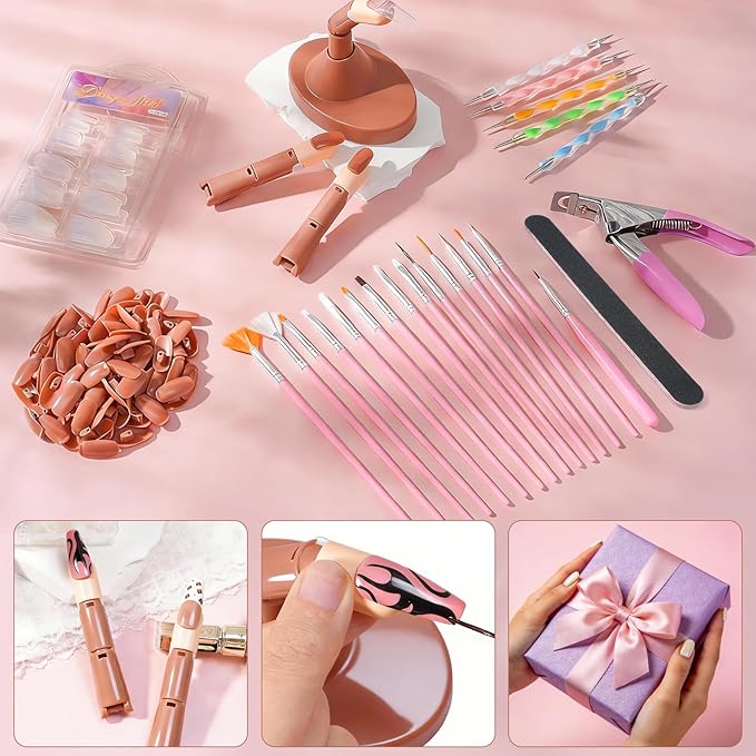 Practice Fingers Kit, 3PCS Nail Practice Hand Finger for Acrylic Nails, 22PCS Nail Art Tools, with 200PCS Nail Tips and Base Stand, Practice Hand for Acrylic Nails Home Salon DIY Beginner (Brown)