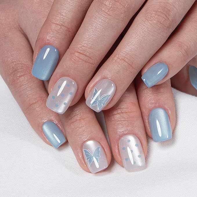CurvLife Soft Gel Press On Nails Square, Long-Lasting 30Pcs Reusable Stick On Fake Nails Kit with Glue Tabs, Glossy Salon-Style Manicure for Women Teens Beginners, At-Home (Blue Flutter)