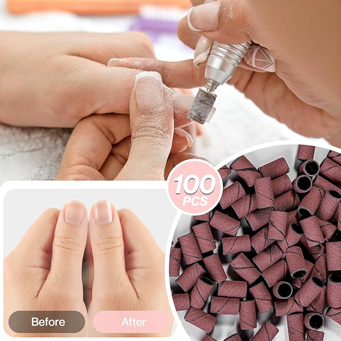 MelodySusie 100 Pcs Nail Drill Bits Sanding Bands for Nail Drill 120 Medium Grit Nail File Sanding Bands for Acrylic Nails Gel Manicures and Pedicure