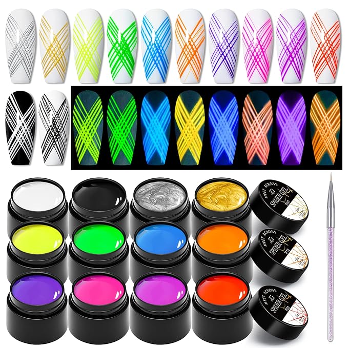 12 Colors Luminous Spider Gel, Glow In The Dark Spider Gel for Nail Art, Elastic Wire Drawing Gel for Line with Brush, Soak off UV LED Drawing Gel Nail Art Design Gel with Neon Fluorescent Effect