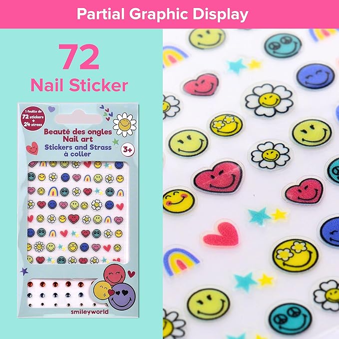 Smiley Nail Stickers – 1 Sheet with 72 Stickers + 24 Rhinestones – Self-Adhesive Nail Art for Girls – Fun Activity & Gift Idea for Birthdays, Crafts, Party Bags and Playdates