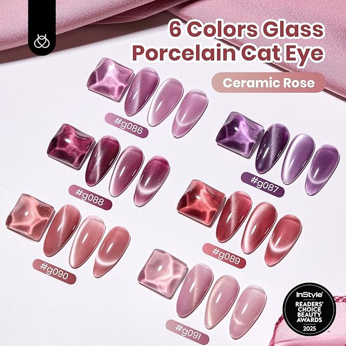 Beetles Cat Eye Gel Polish Nail Set - 6 Colors Purple Red Pink Glitter Magnetic Cat Eye Gel Fall Gel Polish Kit Soak Off UV Ceramic Rose Collection Manicure Gift for Women