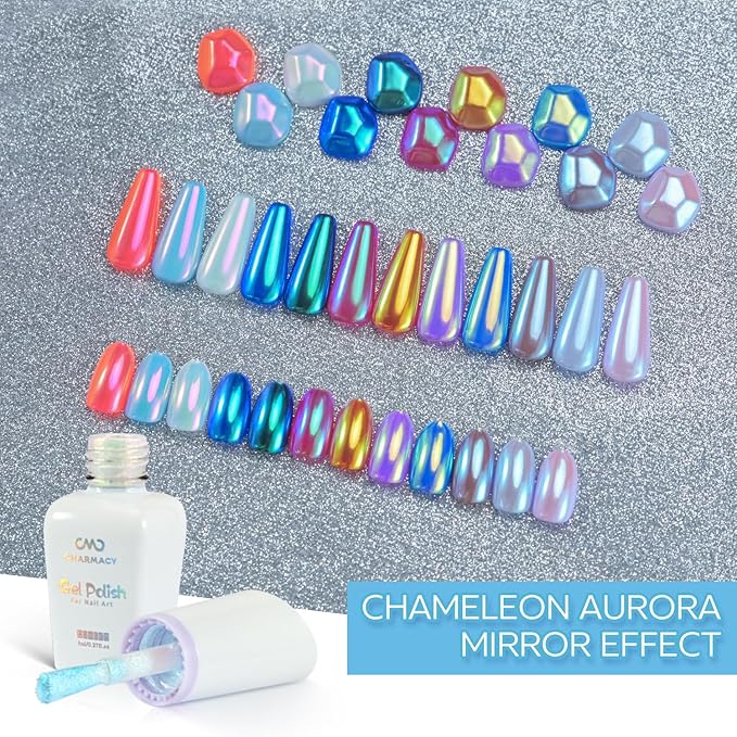 CHARMACY Nail Gel Polish Set 12PCS, Chrome Liquid Nail Powder Silver Metallic Chameleon Mirror Effect, Red Black Color Gel Nail Polish Kit Fall Nail Gel Polish Long Lasting DIY Home Salon Nail Art