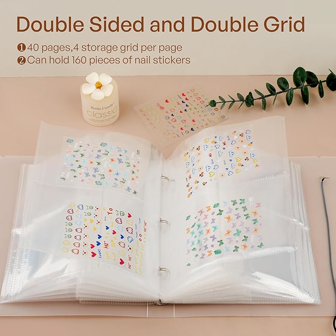 160 Slots Nail Sticker Book Nail Art Decals Sticker Organizer Binder Empty Stickers Holder DIY Design Tools (Large)