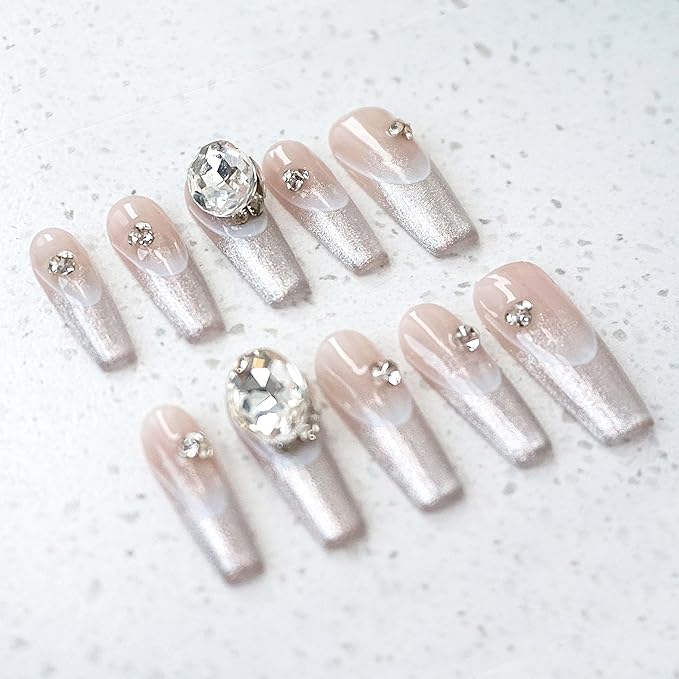 Press On Nails, Long Ballerina Coffin Shape, Silver Glitter French Tips with 3D Rhinestones, Handmade False Nail 10 Pieces (Large,LB)
