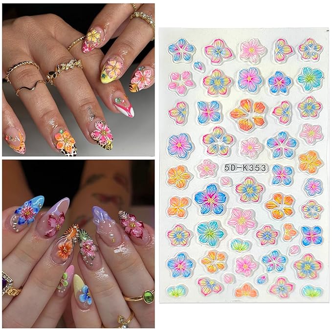 Flower Nail Art Stickers Decals 5D Embossed Nail Decals Spring Summer Colorful Flower Butterfly Nails Design Self-Adhesive 3D Accessories for Women Nails DIY Decoration(5 Sheets)