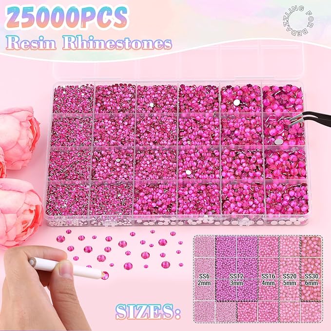 25000Pcs Hot Pink Rhinestones for Bedazzling with B7000 Jewelry Glue, Non Hotfix Flatback Gems, Crystal Resin Rhinestones for Crafting Crafts Clothing Tumblers Mugs Shoes Fabric Decor Nail Art