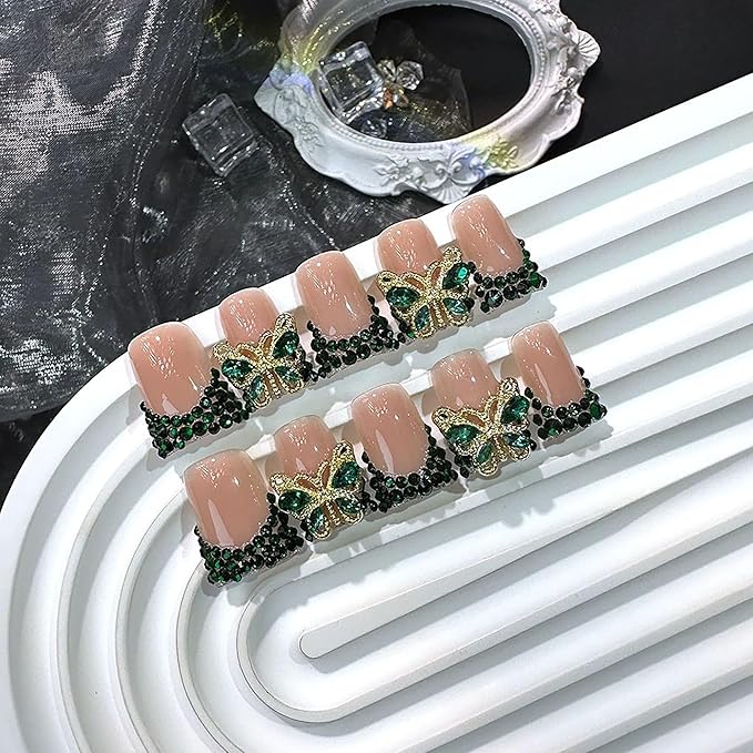 10Pcs Handmade Press on Nails Medium Duck Fake Nails French Tip Green False Nails Luxury Butterfly Rhinestone Full Cover Glue on Nail Sparkly Reusable Stick on Nail for Women (Size M)