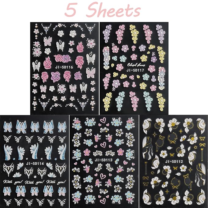 5 Sheets 5D Flower Nail Art Stickers Embossed Nail Decals Spring Summer Nails Art Design 3D Self-Adhesive Nails Supplies White Yellow Blue Colorful Flower Stickers for Women Nail Decoration