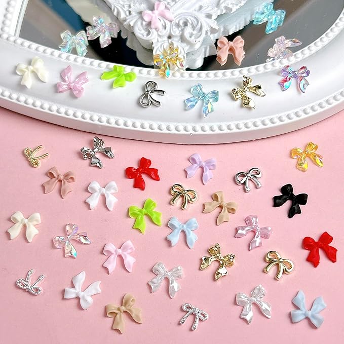 Kawaii Color Bow Nail Charms Kit, 3D Gold Silver Bows Nail Art Charms, Cute Pink Bowknot Charms for Nails Design DIY Decoration with Pickup Tools