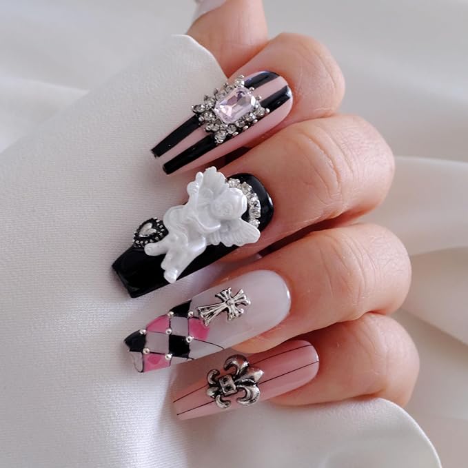 Gothic Press-on Nails, Long Coffin Shape, Pink Black White, 3D Decorative Gems and Charms, Handmade False Nail 10 Pieces (Medium,LB)