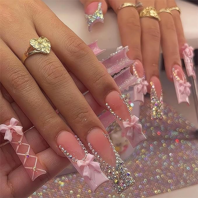 Xl Press on Nails Long Square Fake Nails French Tip False Nails with Rhinestones Acrylic Bow Glue on Nail Long Full Cover Stick on Nail for Women 24Pcs